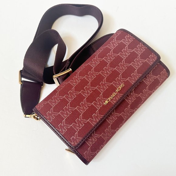 Michael Kors Jet Set Zip Around Wallet Crossbody Bag MK Glitter Gold Mulberry - Picture 7 of 15